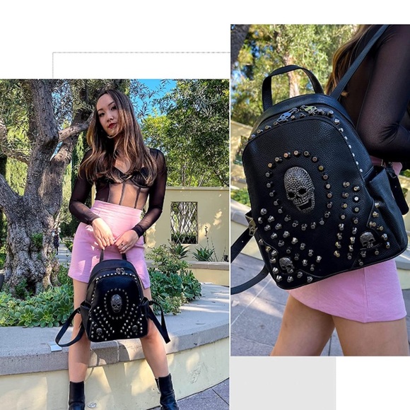 Studded Skull Bag for Women, Vegan Leather Punk Rock Rivet Backpack